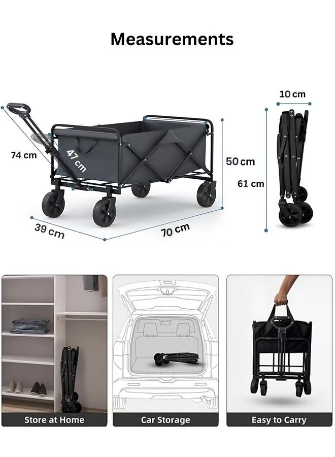 MOSH Foldable Shopping Cart – Heavy-Duty 100kg Utility Trolley with Adjustable Handle, 2 Pockets & 360° Wheels, Waterproof Fabric, Compact for Beach, Camping, Outdoor Garden Cart & Daily Use – Black - Image 3
